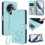 For Realme 13+ 5G Global Embossed Heart Cat Leather Phone Case with Hand Strap(Mint Green)