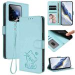 For Realme GT 7 5G India Embossed Heart Cat Leather Phone Case with Hand Strap(Mint Green)