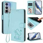 For Realme Narzo 80x Embossed Heart Cat Leather Phone Case with Hand Strap(Mint Green)