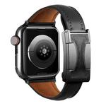 For Apple Watch 46mm / 49mm / 45mm / 44mm Magnetic Buckle Small Waist Plain Genuine Leather Watch Band(Black)
