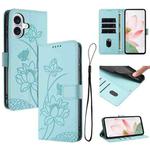 For iPhone 17 Lotus Embossed Leather Phone Case with Lanyard(Green)