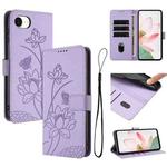 For iPhone 16e Lotus Embossed Leather Phone Case with Lanyard(Purple)