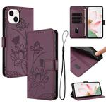 For iPhone 15 Lotus Embossed Leather Phone Case with Lanyard(Wine Red)