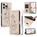 For iPhone 13 Pro Lotus Embossed Leather Phone Case with Lanyard(Beige)