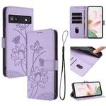 For Google Pixel 6a Lotus Embossed Leather Phone Case with Lanyard(Purple)