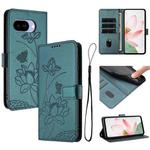 For Google Pixel 9a Lotus Embossed Leather Phone Case with Lanyard(Dark Green)