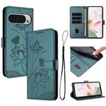 For Google Pixel 10 Pro XL / 9 Pro XL Lotus Embossed Leather Phone Case with Lanyard(Dark Green)