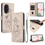 For Honor 200 Lotus Embossed Leather Phone Case with Lanyard(Beige)