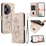 For Honor 400 Pro Global 160.8mm Lotus Embossed Leather Phone Case with Lanyard(Beige)