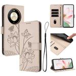 For Honor X50 / X9b Lotus Embossed Leather Phone Case with Lanyard(Beige)