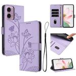 For Motorola Moto G04 / G24 / G04s / E14 Lotus Embossed Leather Phone Case with Lanyard(Purple)