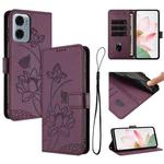 For Motorola Moto G05 / E15 Lotus Embossed Leather Phone Case with Lanyard(Wine Red)