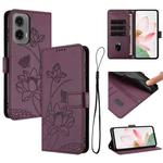 For Motorola Moto G35 Lotus Embossed Leather Phone Case with Lanyard(Wine Red)