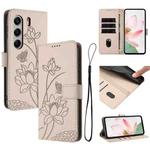 For Tecno Camon 40 4G Lotus Embossed Leather Phone Case with Lanyard(Beige)