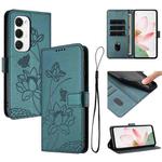 For Tecno Spark 40 Pro+ 4G Lotus Embossed Leather Phone Case with Lanyard(Dark Green)