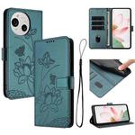 For Sharp Aquos R9 / R10 Lotus Embossed Leather Phone Case with Lanyard(Dark Green)