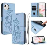For Sharp Aquos wish5 Lotus Embossed Leather Phone Case with Lanyard(Blue)