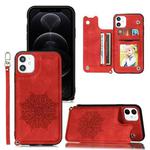 For iPhone 12 / 12 Pro Mandala Embossed PU + TPU Case with Holder & Card Slots & Photo Frame & Hand Strap(Red)