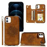 For iPhone 12 Pro Max Mandala Embossed PU + TPU Case with Holder & Card Slots & Photo Frame & Hand Strap(Brown)