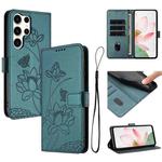 For Samsung Galaxy S25 Ultra 5G Lotus Embossed Leather Phone Case with Lanyard(Dark Green)