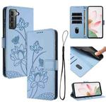 For Samsung Galaxy S21 FE 5G Lotus Embossed Leather Phone Case with Lanyard(Blue)