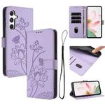 For Samsung Galaxy A14 4G / 5G Lotus Embossed Leather Phone Case with Lanyard(Purple)