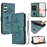 For Samsung Galaxy A15 4G / 5G Lotus Embossed Leather Phone Case with Lanyard(Dark Green)