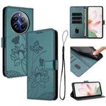 For Realme 12+ 5G / 12 4G / P1 5G Global Lotus Embossed Leather Phone Case with Lanyard(Dark Green)