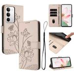 For Realme C71 4G Global Lotus Embossed Leather Phone Case with Lanyard(Beige)