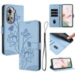 For OPPO Reno11 5G Global Lotus Embossed Leather Phone Case with Lanyard(Blue)