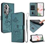For OPPO Reno11 Pro 5G Global Lotus Embossed Leather Phone Case with Lanyard(Dark Green)