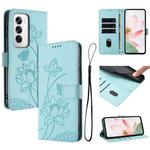 For OPPO Reno12 5G Global Lotus Embossed Leather Phone Case with Lanyard(Green)