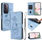 For OPPO Reno12 Pro 5G Global Lotus Embossed Leather Phone Case with Lanyard(Blue)