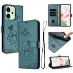 For OPPO Reno14 / Reno14 F 5G Global Lotus Embossed Leather Phone Case with Lanyard(Dark Green)