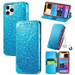 For iPhone 11 Pro Blooming Mandala Embossed Pattern Magnetic Horizontal Flip Leather Case with Holder & Card Slots & Wallet(Blue)