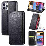 For iPhone 12 / 12 Pro Blooming Mandala Embossed Pattern Magnetic Horizontal Flip Leather Case with Holder & Card Slots & Wallet(Black)