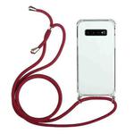For Samsung Galaxy S10 Four-Corner Anti-Fall Transparent TPU Protective Case with Lanyard(Red)