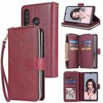 For Huawei P30 Lite Zipper Wallet Bag Horizontal Flip PU Leather Case with Holder & 9 Card Slots & Wallet & Lanyard & Photo Frame(Wine Red)