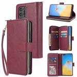 For Huawei P40 Pro Zipper Wallet Bag Horizontal Flip PU Leather Case with Holder & 9 Card Slots & Wallet & Lanyard & Photo Frame(Wine Red)