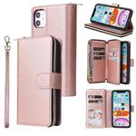 For iPhone 11 Zipper Wallet Bag Horizontal Flip PU Leather Case with Holder & 9 Card Slots & Wallet & Lanyard & Photo Frame(Rose Gold)