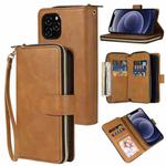 For iPhone 12 mini Zipper Wallet Bag Horizontal Flip PU Leather Case with Holder & 9 Card Slots & Wallet & Lanyard & Photo Frame(Brown)