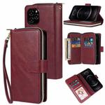 For iPhone 12 / 12 Pro Zipper Wallet Bag Horizontal Flip PU Leather Case with Holder & 9 Card Slots & Wallet & Lanyard & Photo Frame(Wine Red)