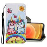 For iPhone 12 mini Coloured Drawing Pattern Horizontal Flip PU Leather Case with Holder & Card Slots & Wallet & Lanyard (Couple Unicorn)