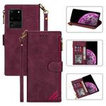 For Samsung Galaxy S20 Ultra Zipper Multi-card Slots Horizontal Flip PU Leather Case with Holder & Card Slots & Wallet & Lanyard & Photo Frame(Wine Red)