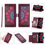 For Samsung Galaxy Note9 Printing Dual-color Half Mandala Pattern Dual-side Magnetic Buckle Horizontal Flip Leather Case with Holder & Card Slots & Wallet & Photo Frame & Lanyard(Wine Red )