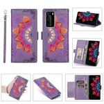 For Huawei P40 Pro Printing Dual-color Half Mandala Pattern Dual-side Magnetic Buckle Horizontal Flip Leather Case with Holder & Card Slots & Wallet & Photo Frame & Lanyard(Purple)