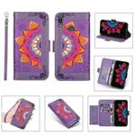 For Huawei Y7 (2019) Printing Dual-color Half Mandala Pattern Dual-side Magnetic Buckle Horizontal Flip Leather Case with Holder & Card Slots & Wallet & Photo Frame & Lanyard(Purple)