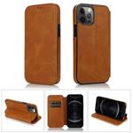 For iPhone 12 / 12 Pro Strong Magnetic Closure PU + TPU Leather Case with Card Slots & Holder(Khaki)