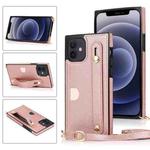 For iPhone 12 mini PU+TPU Shockproof Protective Case with Crossbody Lanyard & Holder & Card Slot & Wrist Strap (Rose Gold)