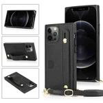 For iPhone 12 / 12 Pro PU+TPU Shockproof Protective Case with Crossbody Lanyard & Holder & Card Slot & Wrist Strap(Black)